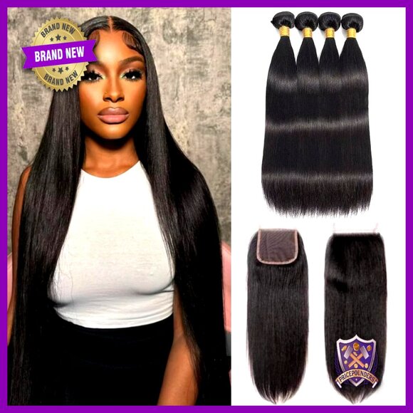 Straight Brazilian Human Hair Extensions 4 Bundles With 4x4 Lace Closure